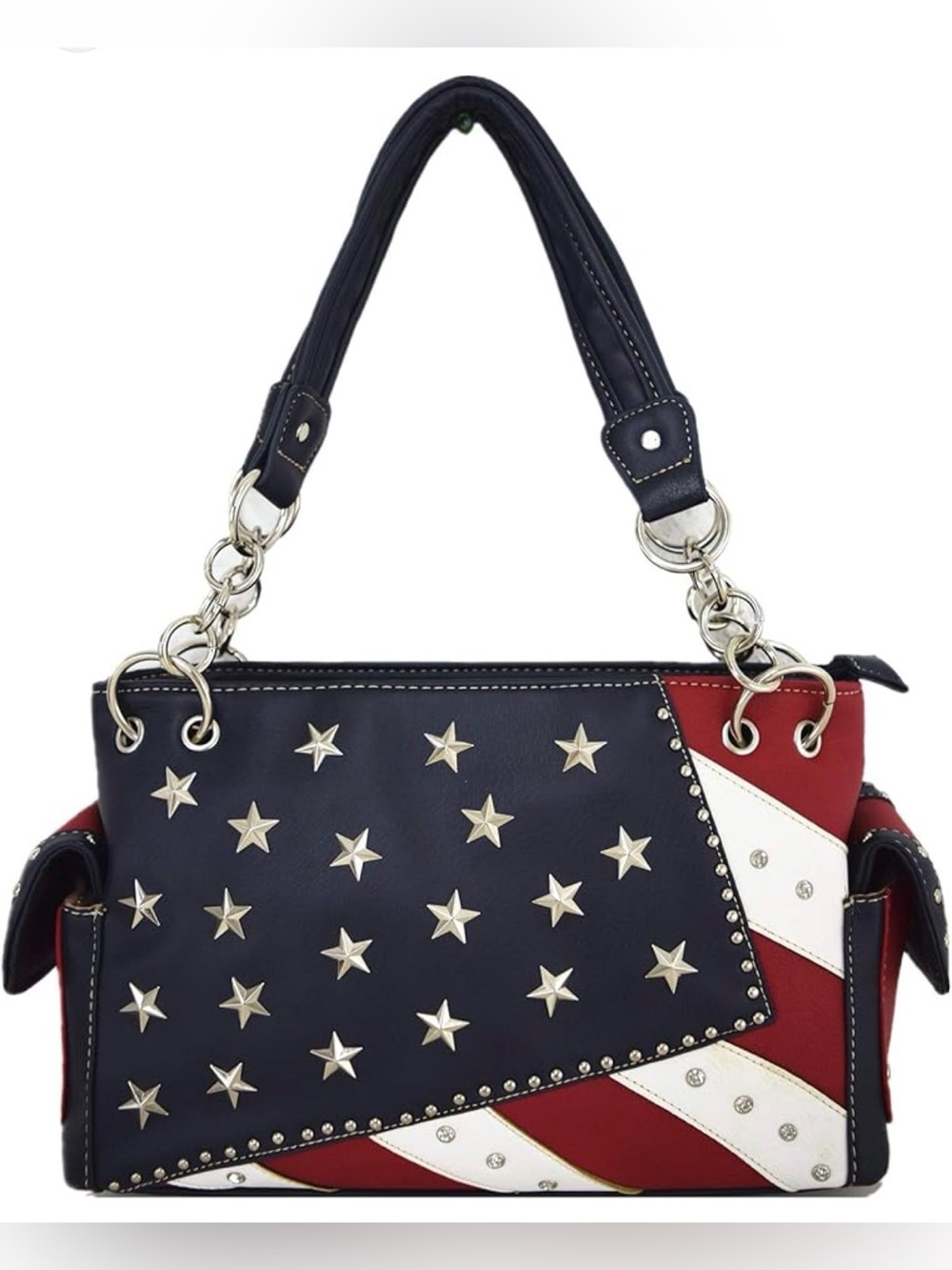 American Flag Patriotic Red White Blue Silver Stars Rhinestones Shoulder Bag